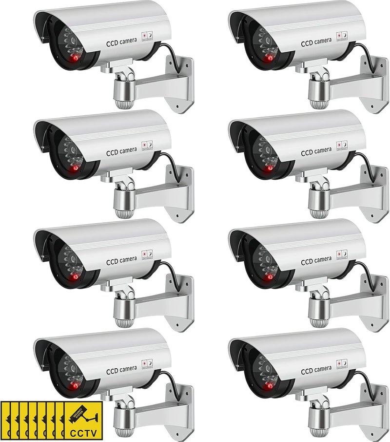 Macarrie 8 Pcs Fake Camera Realistic Dummy Security Camera Plastic Fake Video CCTV Surveillance System with Motion LED Light for Home Outdoor Indoor, No Battery Included(Silver) - Image 1